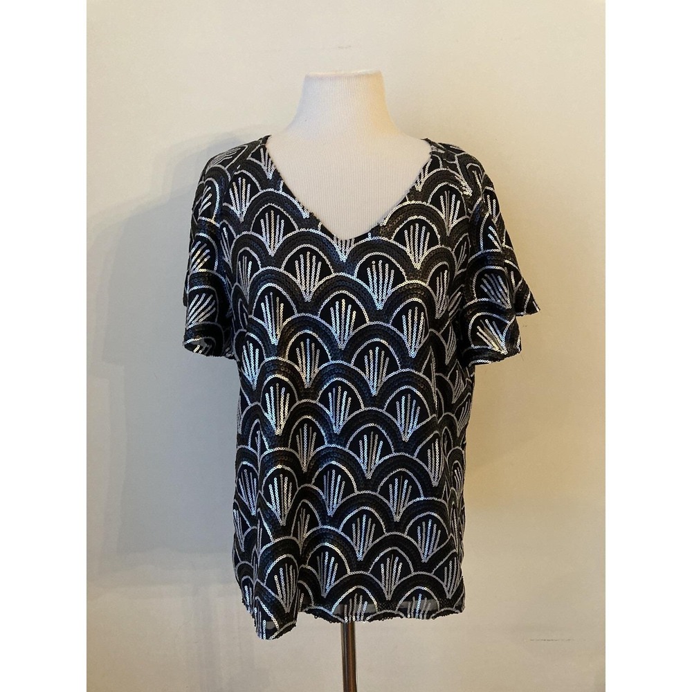 Y2k Vtg Cremieux shirt Black White Sequin Sz M Whimsigoth Grannycore - Picture 12 of 13